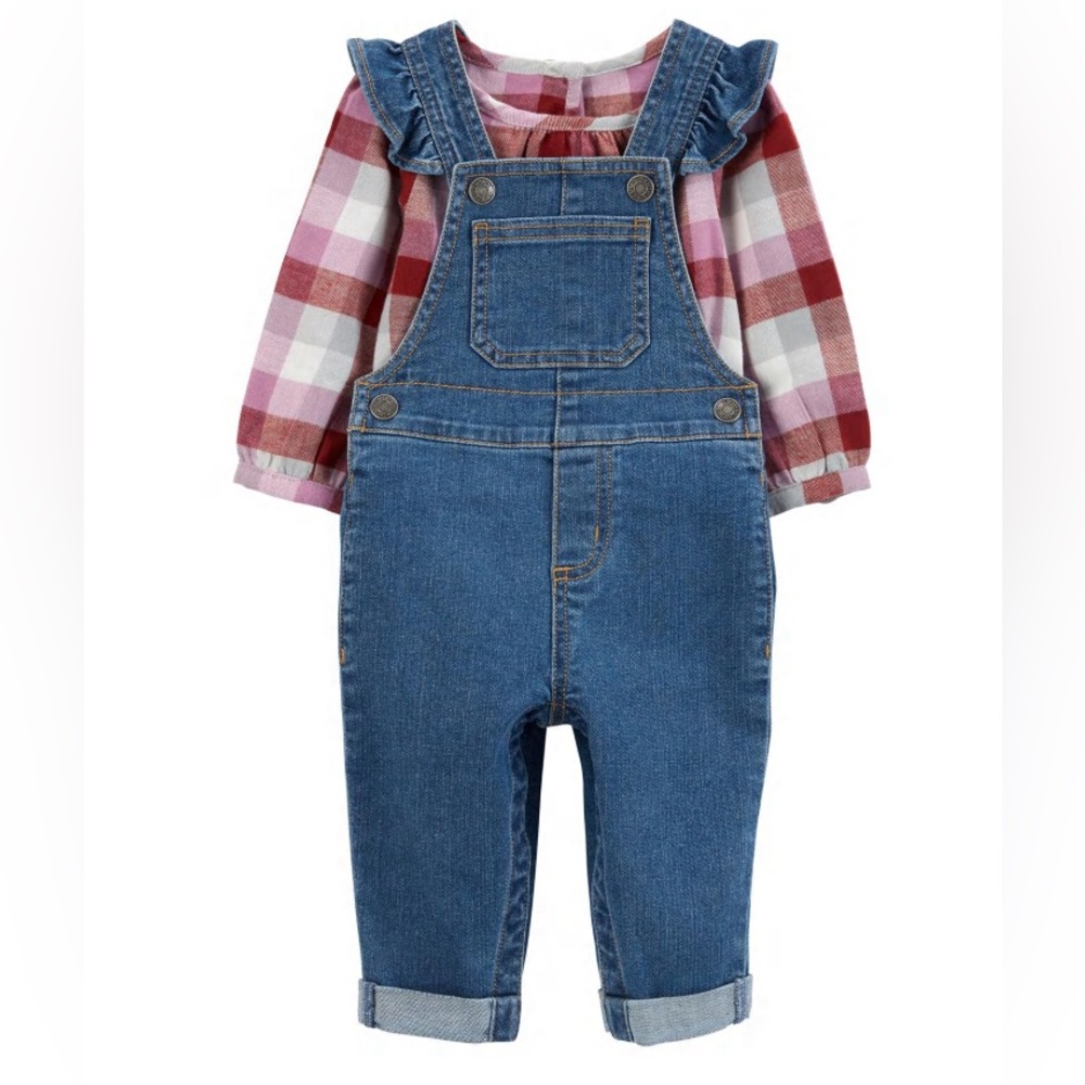 Carter’s Denim Jumper W/ Plaid Long Sleeve Shirt